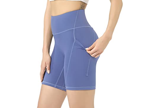 Leovqn Damen Kurze Sporthose mit Taschen Hohe Taille Radlerhose Blickdicht Laufshorts Yoga Kurz Leggings Blau L von Leovqn