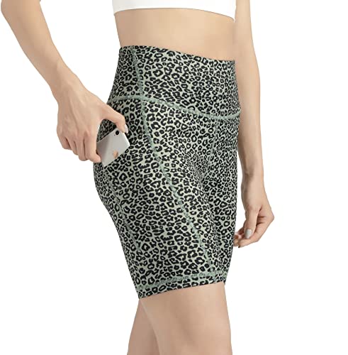 Leovqn Damen Kurze Sporthose mit Taschen Hohe Taille Radlerhose Blickdicht Laufshorts Yoga Kurz Leggings Leopard Grün S von Leovqn