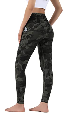 Leovqn Damen Sport Leggings Hohe Taille Blickdicht Yoga Hosen mit Taschen für Sports Laufen Joggen Training Freizeitkleidung Dark Olive Camo L von Leovqn