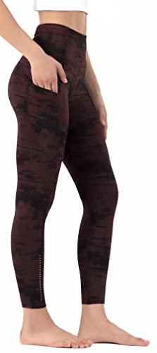 Leovqn Damen Sport Leggings Hohe Taille Reflektierend Kordelzug Yoga Hosen mit Taschen für Blickdichte Sports Laufen Joggen Training Hosen-Schwarz Burgund-XS von Leovqn