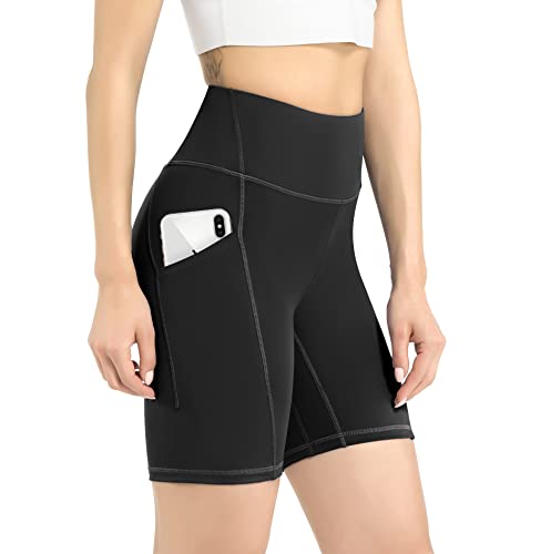 Leovqn Damen Kurze Sporthose mit Taschen Hohe Taille Radlerhose Blickdicht Laufshorts Yoga Kurz Leggings Schwarz S von Leovqn