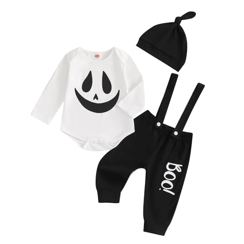 Baby Jungen Halloween Hosenträger Hose Set 3 Teiliges Halloween Kürbis Boo Bekleidungsset Langarm Briefdrucke Kürbis Geist Strampler+Kürbis Druck Hosenträger Hose+Hut Jungen Strampler Hose Set Baby Jungen Halloween Hosenträger Hose Set 3 Teiliges Halloween Kürbis Boo Bekleidungsset Langarm Briefdrucke Kürbis Geist Strampler+Kürbis Druck Hosenträger Hose+Hut Jungen Strampler Hose Set von Lerrita