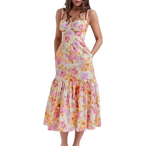 Damen Sommer Blumenkleid Korsett Blumen Korsett Wickelkleid Ärmellos Spaghettiträger Slim Fit Button Down A-Linie Blumenkleid Urlaub Strand Hochzeit Kleid Boho Ethnic Rüschenkleid Ausgehen Kleid von Lerrita