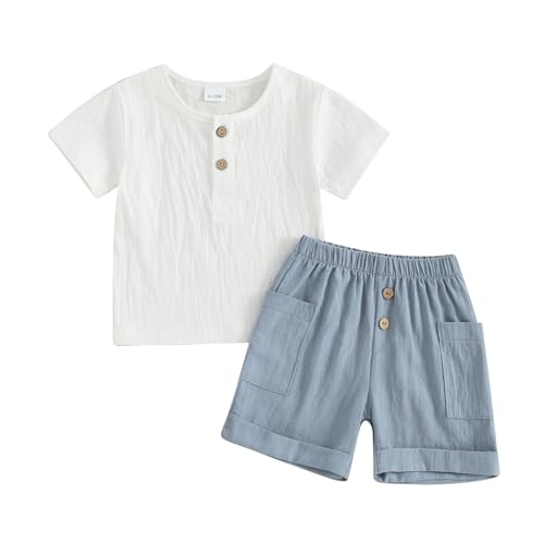 Lerrita Baby Jungen Sommer Baumwolle Kurze Hosen Set 2 Teiliges Sommer Baumwolle-LeinenOutfits Set Baby Junge Kurzarm Knopfleiste T-Shirt+Elastischer Bund Shorts Set Baby Einfarbige Shorts Set von Lerrita