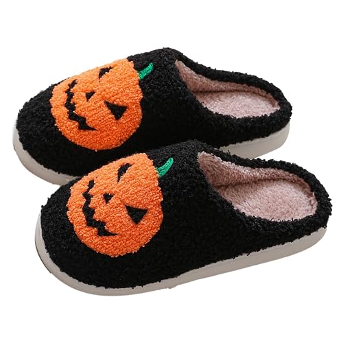 Halloween Kürbis Hausschuhe für Damen | Halloween Flauschige Hausschuhe | Halloween Gruselige Hausschuhe mit rutschfester Gummisohle für den Winter für Halloween-Geschenke, Innen- und Außenkleidung von leryveo