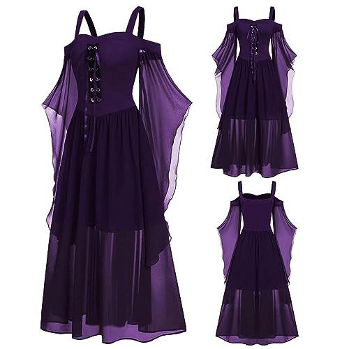 Leryveo Halloween Gothic Kleid Damen | Plus Size Kaltschultriges Mittelalterkleid mit Trompetenärmeln | Halloween Festliches Vintage Schwarzes Hexenkleid Cosplay für Frauen von leryveo