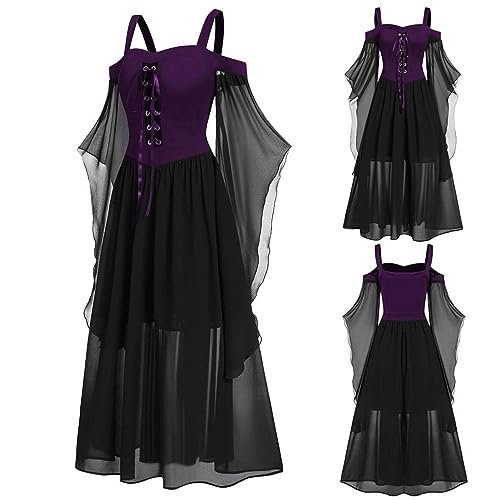 Leryveo Halloween Gothic Kleid Damen | Plus Size Kaltschultriges Mittelalterkleid mit Trompetenärmeln | Halloween Festliches Vintage Schwarzes Hexenkleid Cosplay für Frauen von leryveo