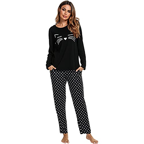 Schlafanzüge für Damen Lang, Damen Schlafanzug Lang Pyjama Set Pyjama Damen Baumwolle Zweiteiliger Pyjama Damen Loungewear Damen Set Langarm, Bequem Weiche Freizeit, Schwarz Bedruckte Katze, 42 von Les-Theresa