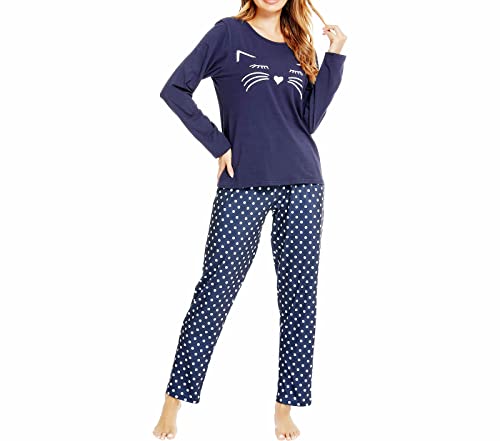 Schlafanzüge für Damen Baumwolle Lang, Pyjama Damen Baumwolle Set Langarm Pyjama Set Damen Baumwolle Schlafanzug mit Katzenmotiv Schlafanzug Damen Lang Zweiteilig Baumwolle, Blaue Bedruckte Katze, 42 von Les-Theresa