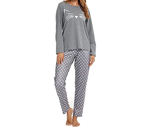 Schlafanzüge für Damen Lang, Damen Schlafanzug Lang Pyjama Set Pyjama Damen Baumwolle Zweiteiliger Pyjama Damen Loungewear Damen Set Langarm, Bequem Weiche Freizeit, Grau Bedruckte Katze, 42 von Les-Theresa