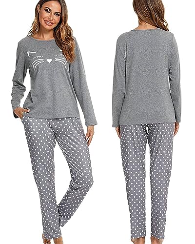 Les-Theresa Schlafanzug Damen Baumwolle Pyjama Set, Lang Zweiteiliger Nachtwäsche Raglanärmel Sleepwear und Lange Pyjamahose, Herbst Winter Hausanzug Freizeitanzug von Les-Theresa