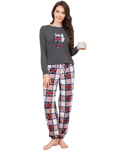 Les-Theresa Schlafanzug Damen Baumwolle Pyjama Set, Lang Zweiteiliger Nachtwäsche Raglanärmel Sleepwear und Lange Pyjamahose, Herbst Winter Hausanzug Freizeitanzug von Les-Theresa