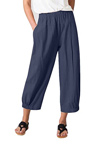 Les umes Damen Baumwolle Casual Cpri Hose Elastische Taille Lose Hose Yogahose mit Taschen Blau S von Les umes