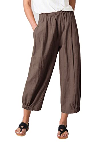 Les umes Damen Baumwolle Casual Cpri Hose Elastische Taille Lose Hose Yogahose mit Taschen Braun S von Les umes