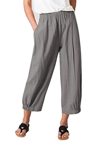 Les umes Damen Baumwolle Casual Cpri Hose Elastische Taille Lose Hose Yogahose mit Taschen Grau S von Les umes