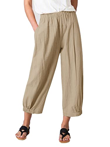 Les umes Damen Baumwolle Casual Cpri Hose Elastische Taille Lose Hose Yogahose mit Taschen Khaki XL von Les umes