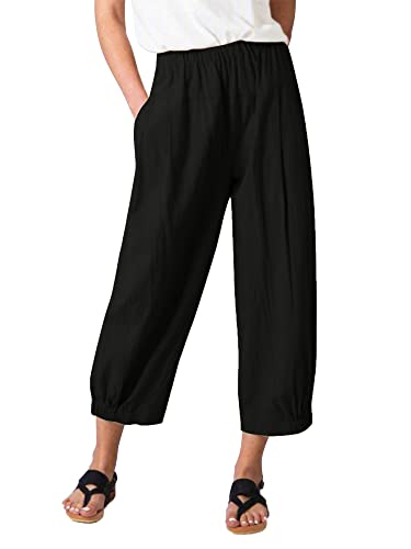 Les umes Damen Baumwolle Casual Cpri Hose Elastische Taille Lose Hose Yogahose mit Taschen Schwarz S von Les umes