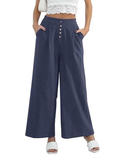 Les umes Damen Baumwolle Leinen Lange Hosen Einfarbige geknöpfte Hosen mit hoher Taille Weite Lässige Hosen für Frauen Dunkelblau L von Les umes