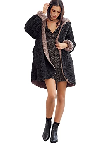Les umes Damen-Fleece-Kapuzenmäntel, weicher Strickjacke mit Kapuze, flauschige Winterjacke, Taschenmantel Schwarz XL von Les umes