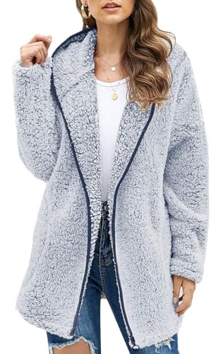 Les umes Damen-Fleece-Kapuzenmantel mit Reißverschluss, weicher Kapuzen-Cardigan, flauschiger Winterjackenmantel mit Tasche Marineblau L von Les umes