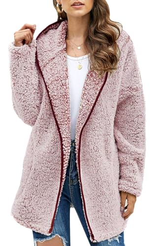 Les umes Damen-Fleece-Kapuzenmantel mit Reißverschluss, weicher Kapuzen-Cardigan, flauschiger Winterjackenmantel mit Tasche weinrot XL von Les umes