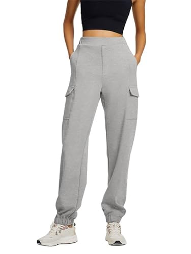 Les umes Damen Hose High Waist Cargohose Jogginghose mit Tasche Sweatpants Freizeithose Hellgrau 2XL von Les umes