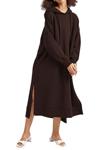 Les umes Damen Langarm Pullover Maxi Hoodie Kleid Split Side Slim Sweatkleid Langes Kleid mit Taschen Braun S von Les umes