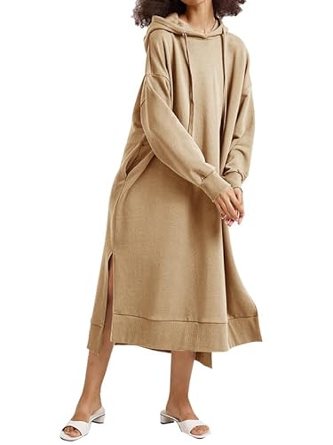 Les umes Damen Langarm Pullover Maxi Hoodie Kleid Split Side Slim Sweatkleid Langes Kleid mit Taschen Khaki L von Les umes