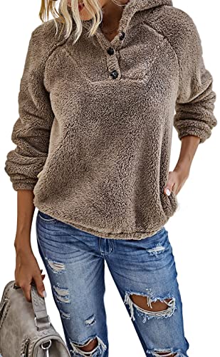 Les umes Damen Pullover Fuzzy Fleece Button Sweatshirt Warme Mäntel Lose Hoodies mit Tasche Kaki XL von Les umes