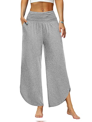 Les umes Elastische Yogahosen für Damen Jogginghose Damen weites Bein Freizeithose Elastische Taille Sommerhose für Damen mit Tasche Hose Yoga Hose Grau L von Les umes