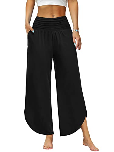 Les umes Elastische Yogahosen für Damen Breites Sommerbein Elastische Taille für Damen mit Tasche Salon Hose Yoga Hose Schwarz XL von Les umes