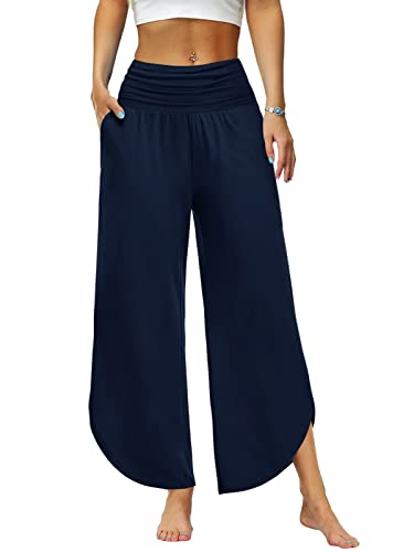 Les umes Elastische Yogahosen für Damen Jogginghose Damen weites Bein Freizeithose Elastische Taille Sommerhose für Damen mit Tasche Hose Yoga Hose Blau S von Les umes