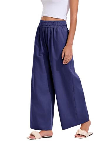 Les umes Hose Damen Palazzo Hose Weite Bein Hose mit Elastischer Taille Lockere Gerade Sommerhose Mit Taschen Freizeitshosen Culotte Hose locker Dunkelblau M von Les umes