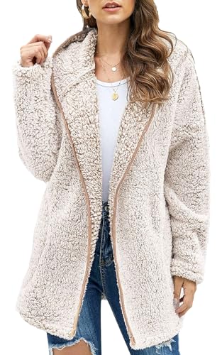 Les umes Damen-Fleece-Kapuzenmantel mit Reißverschluss, weicher Kapuzen-Cardigan, flauschiger Winterjackenmantel mit Tasche Khaki M von Les umes