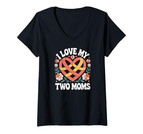 Damen Ich liebe meine beiden Mütter Lesbian LGBT Pride Heart T-Shirt mit V-Ausschnitt Damen Ich liebe meine beiden Mütter Lesbian LGBT Pride Heart T-Shirt mit V-Ausschnitt von Lesbian LGBT Pride Two Moms Heart Flowers