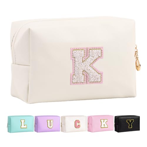 Letoileite Reise-Kulturbeutel für Damen, personalisierbar, Chenille-Buchstabe, wasserdicht, mit Reißverschluss, Kosmetiktasche, Make-up, Reise-Organizer, Reisezubehör, beige-pink, K von Letoileite