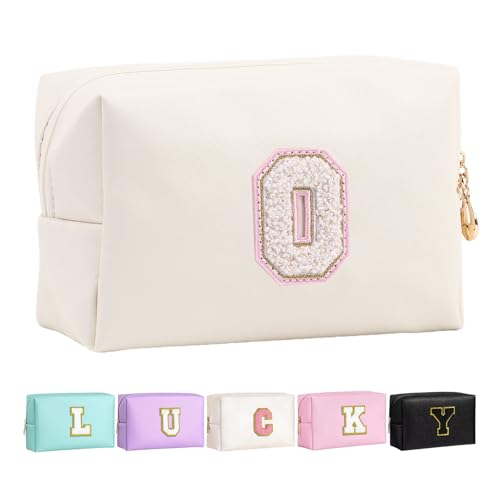 Letoileite Reise-Kulturbeutel für Damen, personalisierbar, Chenille-Buchstabe, wasserdicht, mit Reißverschluss, Kosmetiktasche, Make-up, Reise-Organizer, Reisezubehör, beige-pink, O von Letoileite