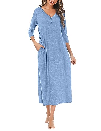 Leversic 3/4 Ärmel Nachthemd Damen Lang aus Baumwolle Sommer Sleepshirt Nachtkleid Stillnachthemd mit Taschen, Hellblau, S von Leversic