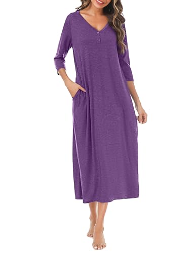 Leversic 3/4 Ärmel Nachthemd Damen Lang aus Baumwolle Sommer Sleepshirt Nachtkleid Stillnachthemd mit Taschen, Lila, M von Leversic