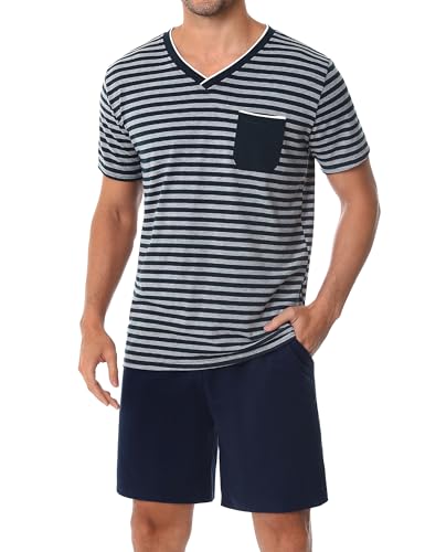 Leversic Schlafanzug Herren Kurz aus Baumwolle mit Kontraststreifen Design, Sommer Pyjama Set Oberteile und Kurze Hosen, Vater und Partner, 206-Navy Blau, S von Leversic