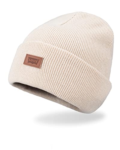 Levi's Unisex-Erwachsene All Season Comfy Leather Logo Patch Cuffed Hero Beanie-Mütze, Cremefarben, Einheitsgre von Levi's