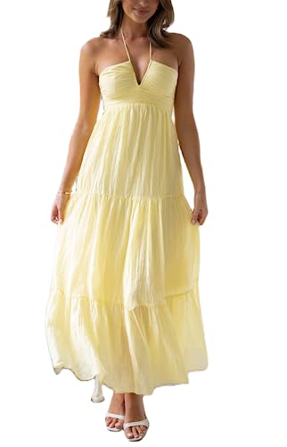 Leyajedol Damen Y2k figurbetontes langes Kleid mit Spaghettiträgern, tief geschnittenes Kleid, lässig, rückenfrei, fließend, Maxikleid, sexy Clubwear, Aj-yellow Trendy, Klein von Leyajedol