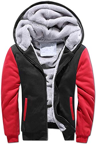 VSUSN Herren Kapuzenpullover mit Reißverschluss, Langarm Kapuzenjacke, Winter Warm Fleece-Innenseite Sweatshirt, Plus Dicke Fleecejacke, Sweatjacke Mit Kapuze(Schwarz&Rot, 2XL) von VSUSN