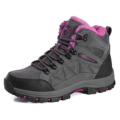 LiYa Wanderschuhe Trekking Schuhe Herren Damen Wasserdicht Winterschuhe Warm Gefüttert Winter Outdoor Boots Wander Stiefel, Grau/Pink, 38 EU von LiYa