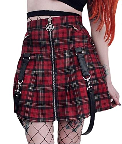 Damen Gothic Karierter Rock Persönlichkeit Reißverschluss Faltenrock Street Fashion Sexy Minirock rot L von LianMz