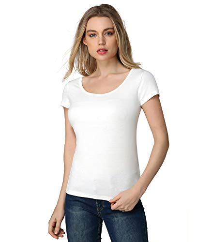 Liang Rou Damen Mini Ribbed Stretch Scoop Neck T-Shirt - Elfenbein - 38 DE/40 DE/M von Liang Rou