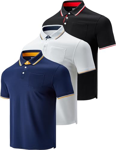 3er-Pack Herren Performance Dry Fit Tech Golf Poloshirts mit Brusttasche Kurzarm Active T Shirts, Midnight Navy/White/Black, Mittel von Liberty Imports