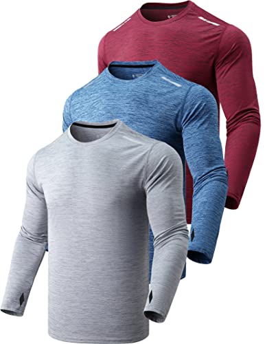 3er-Pack: Langarm-T-Shirts für Herren, trockene Passform, UV-Sonnenschutz, Outdoor, Wandern, athletisch, mit Daumenlöchern, Heather Hellgrau/Blau/Kastanienbraun, L von Liberty Imports