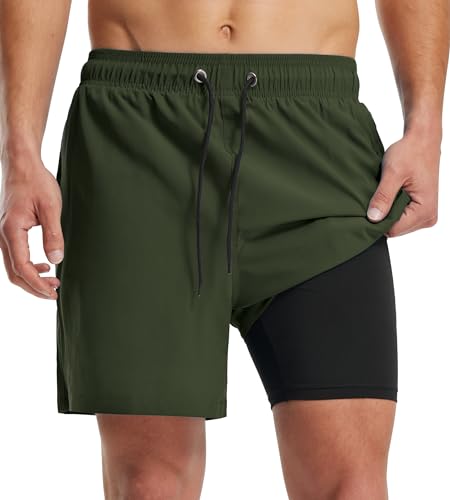 Libin Badehose Herren mit Kompression Liner 2 in 1 Short, Atmungsaktiv Quick-Drying Badeshorts Schwimmhose, Männer Leichtes Elastisch Trainingsshorts Mit Reißverschlusstaschen,Military Green,Mittel von Libin