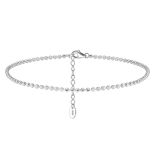 Lieson Fußkette 925 Silber Damen, Fußkettchen 2MM Perlenkette Sommer Barfuß Strand Fusskette Silber, Verstellbare 22CM von Lieson